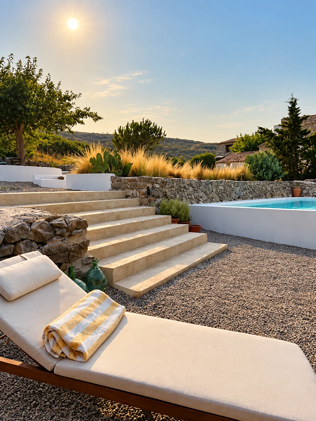 Piscine privée et solarium entre pierre et végétation à La Costereta