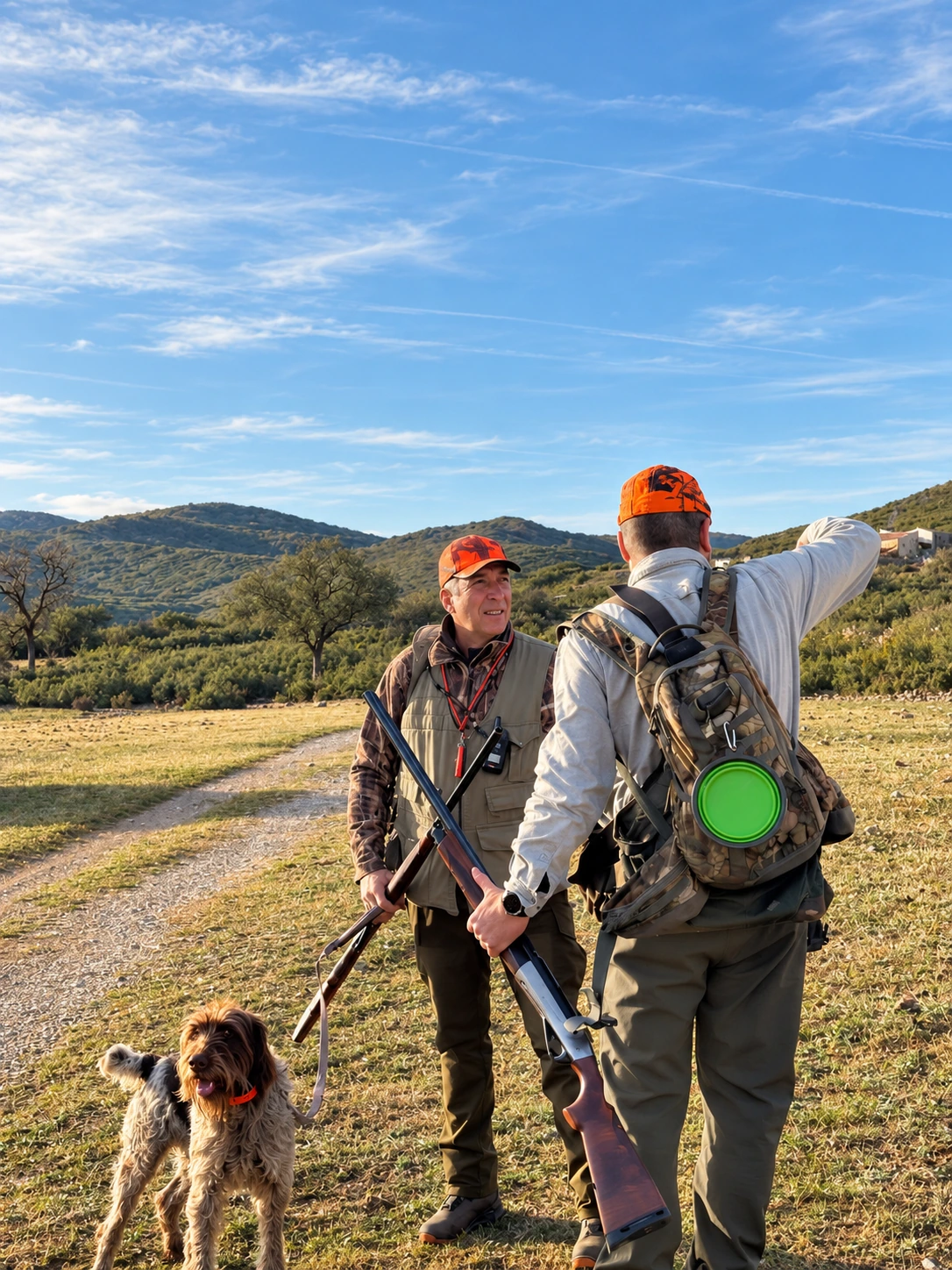 Deux chasseurs avec leurs fusils et un chien lors d’une journée de chasse devant soi à La Costereta